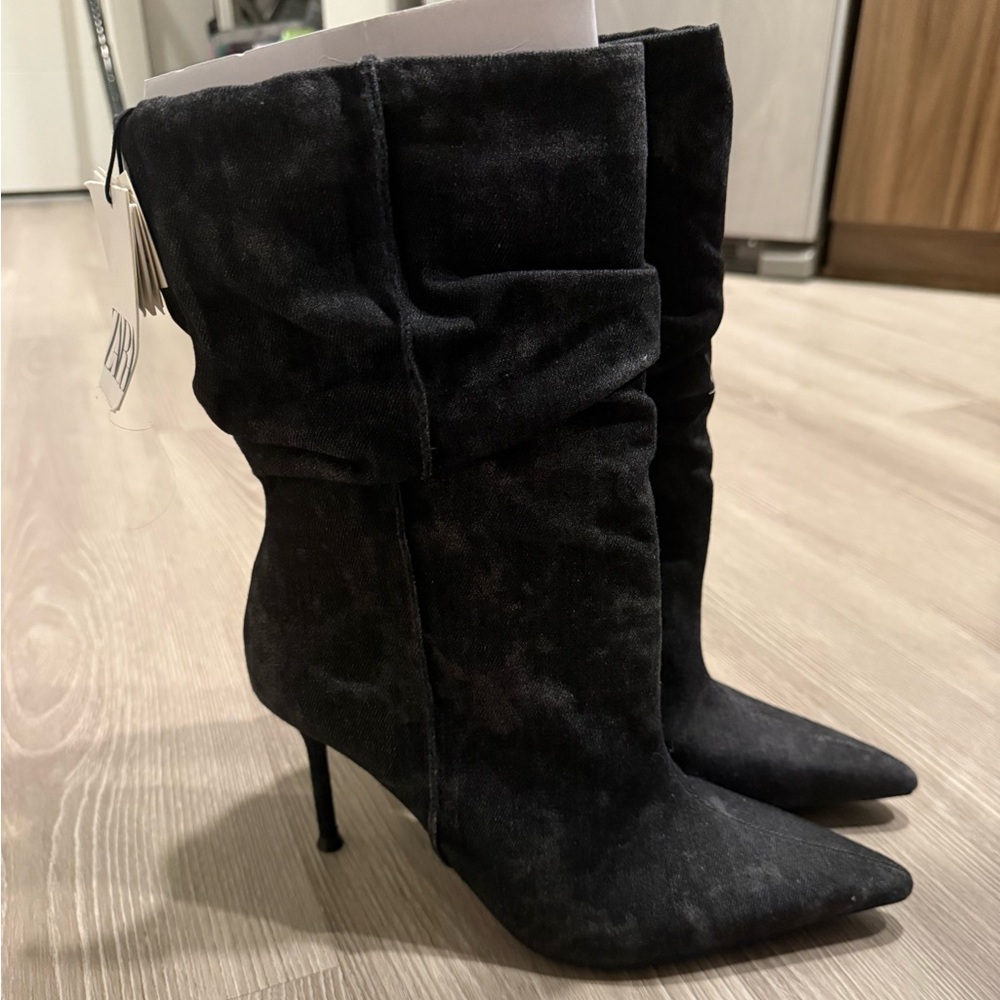 Zara Booties Black Ash Denim Pointed-Toe Stiletto Boots - Women's